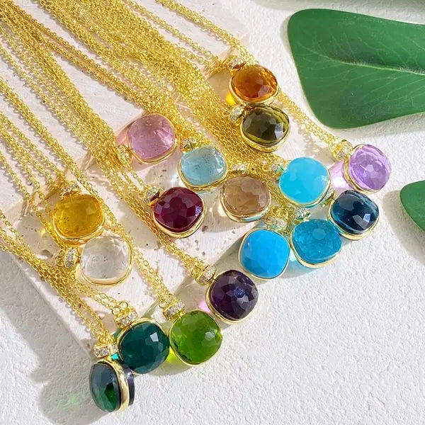 Trendy Candy Color Faceted Crystal Pendant Necklace Gold Plated Brass Double-Sided Transparent Gemstones Elegant Jewelry 43cm+2.4cm Extension Great Shopping 4You