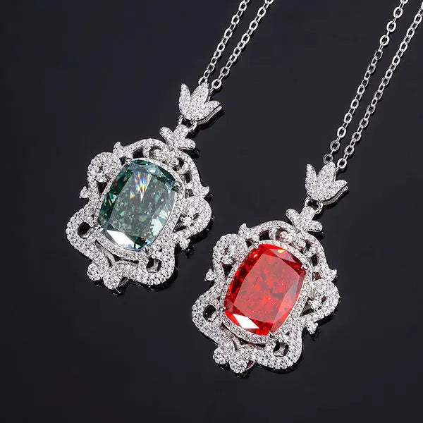 S925 Silver High-Carbon Diamond Radiant Cut Chinese Red Vintage Pendant Necklace, 12x16mm Main Stone, Elegant and Stylish Women's Jewelry, Perfect for Any Occasion Great Shopping 4You