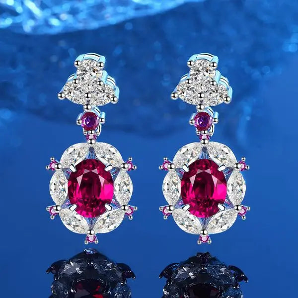 Hot Sale S925 Sterling Silver Simulated Pigeon Blood Ruby 7x9mm Stud Earrings, Long Drop Earrings for Women, Elegant Luxury Jewelry Great Shopping 4You