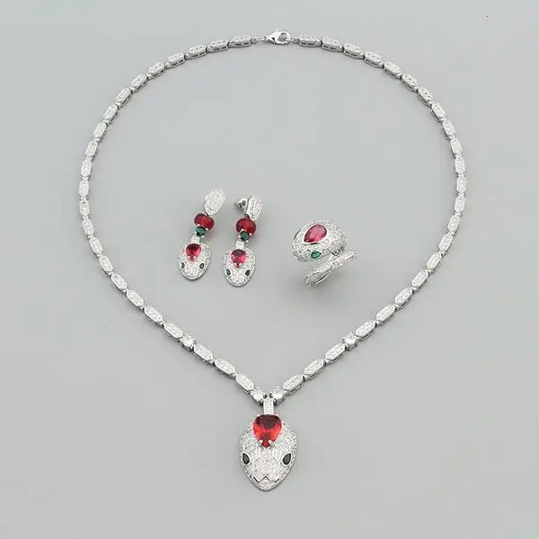 Vintage New Ring Earrings Necklace Jewelry Set Inlaid with Ruby for Women Banquet Wedding Bride Earrings Great Shopping 4You