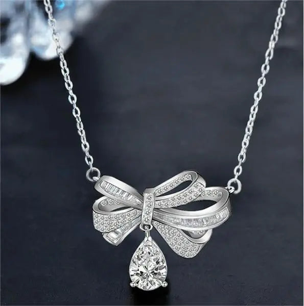 Elegant Bowknot Moissanite Necklace with Teardrop Pendant, S925 Sterling Silver Chain for Women, Romantic Gift for Qixi or Anniversary Great Shopping 4You