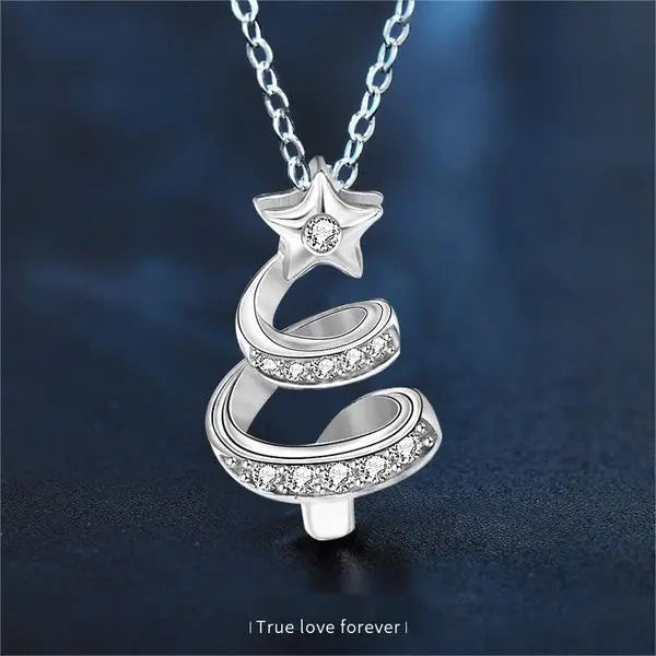 925 Sterling Silver Christmas Tree Necklace with Star Pendant | Holiday Jewelry Gift for Women | Cute Zircon Inlay Collarbone Chain Great Shopping 4You