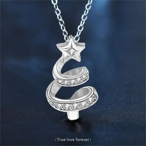 925 Sterling Silver Christmas Tree Necklace with Star Pendant | Holiday Jewelry Gift for Women | Cute Zircon Inlay Collarbone Chain Great Shopping 4You