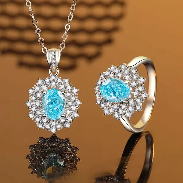 S925 Sterling Silver 4-Carat Ice Flower Cut Moissanite Aqua Blue Pendant and Ring Set, High-Carbon Diamond Jewelry for Women Great Shopping 4You