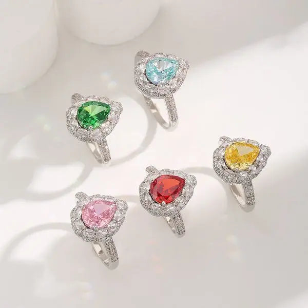 Luxury Pear-Shaped Gemstone Halo Ring with Diamonds, Available in Ruby, Emerald, Yellow Zirconia for Engagement or Special Occasions Great Shopping 4You