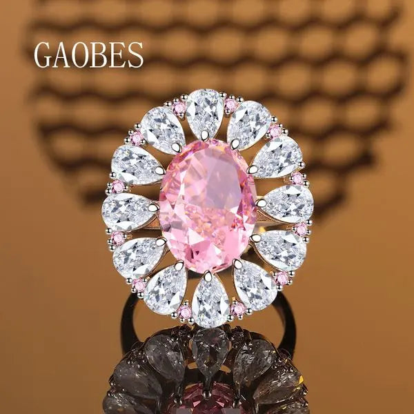 European & American High-End Design S925 Sterling Silver Ice Flower Cut Oval Pink Gemstone Ring, Full Diamond Accent Band, Luxury Fashion Ring for Women Great Shopping 4You