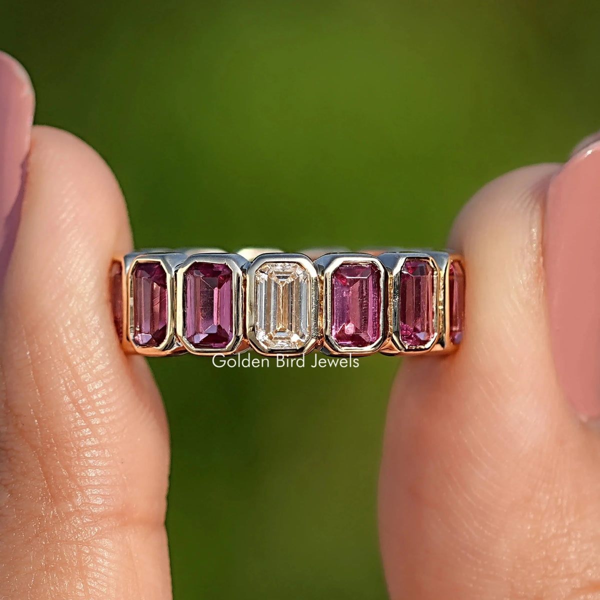Bezel Set Emerald Gemstone Eternity Band