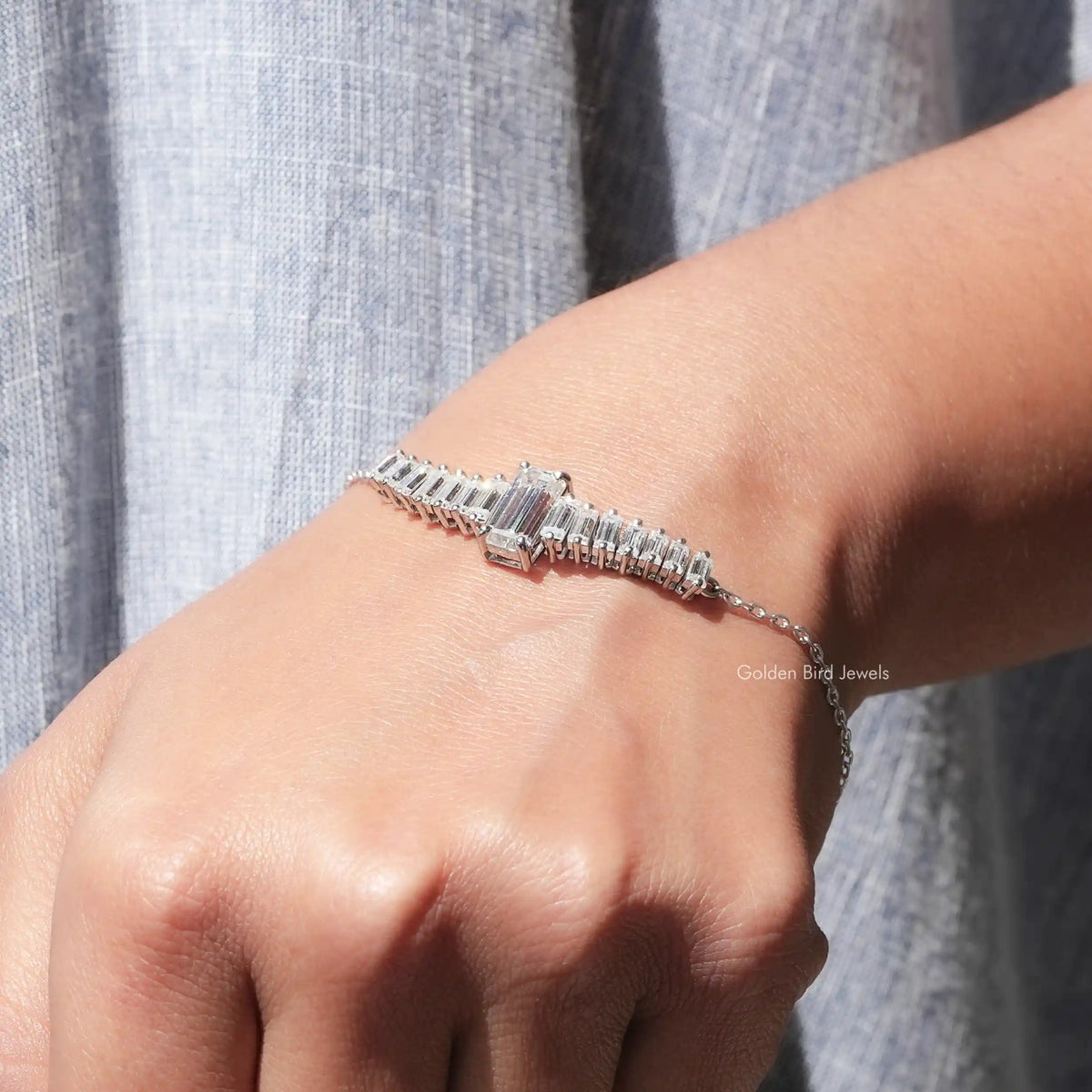 Long Emerald Cut Moissanite Tennis Chain Bracelet
