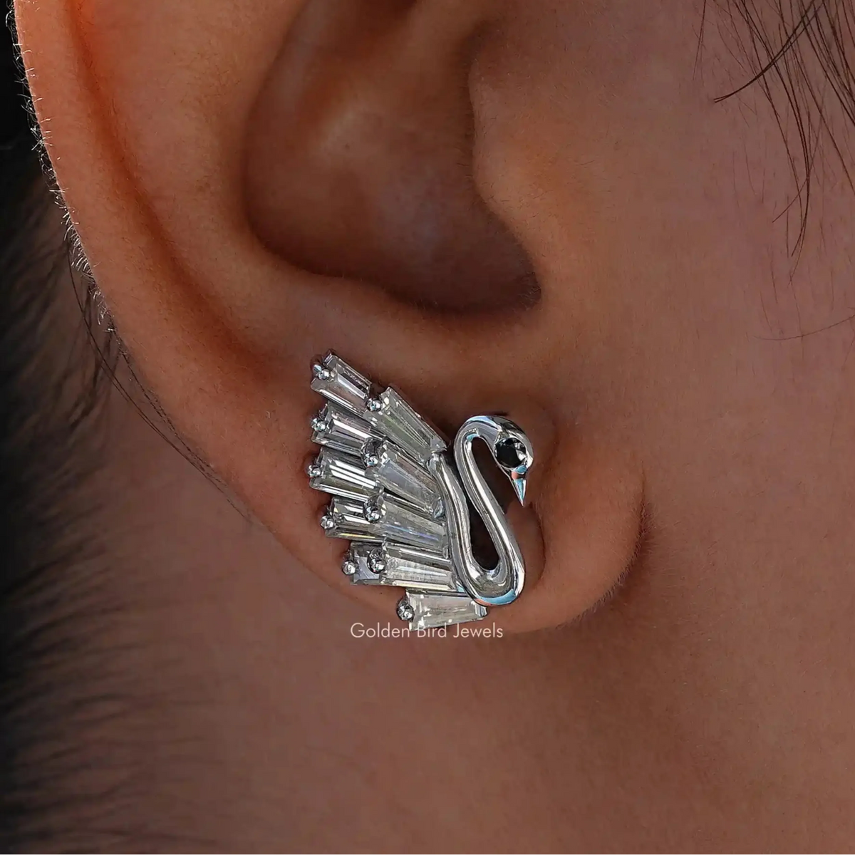 Moissanite Tapered Baguette Swan Earrings