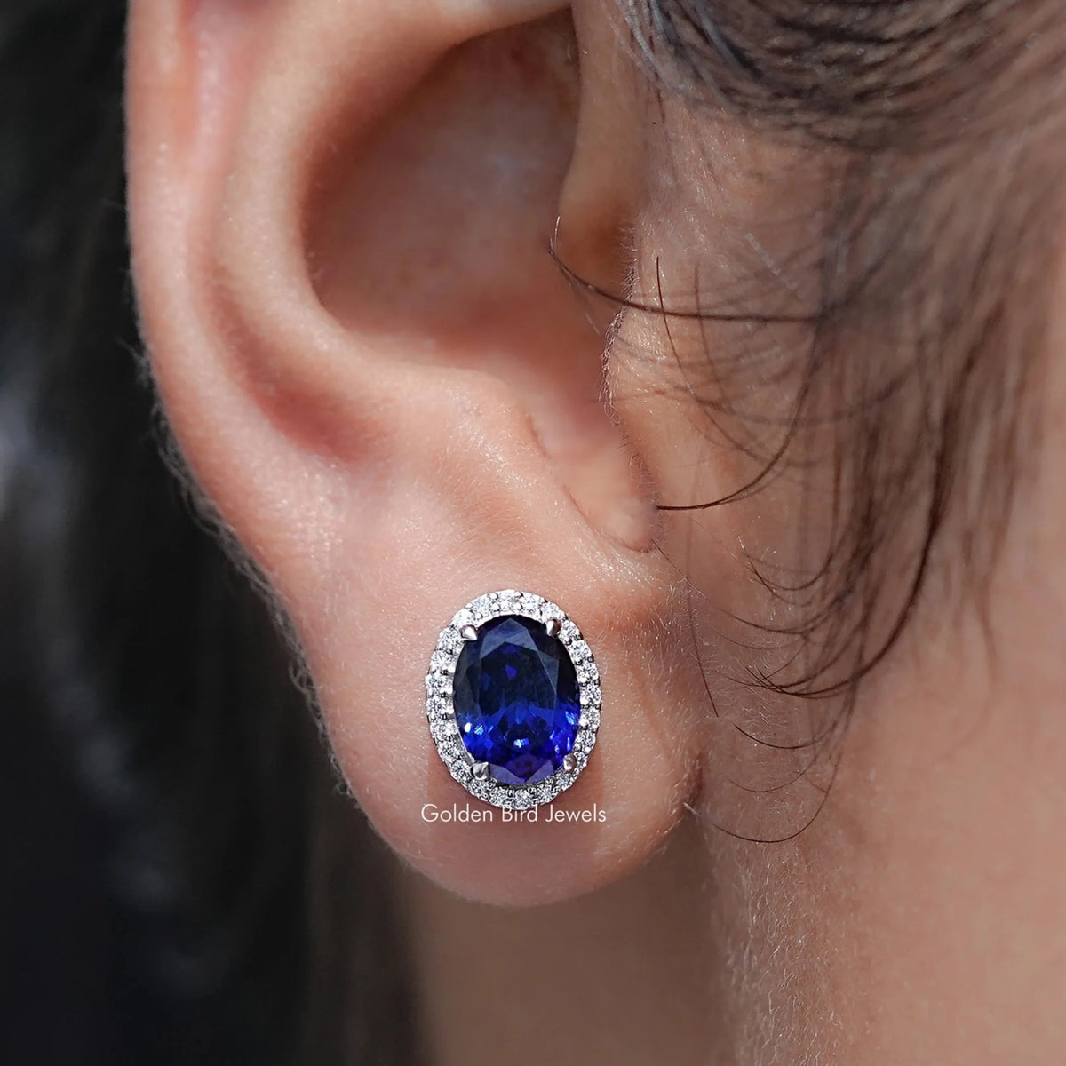 Oval Cut Lab Gemstone Halo Stud Earrings