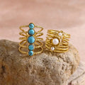 Multi-Layer Turquoise Stone Gold-Plated Adjustable Ring with Pearls, Chic and Elegant Open Design, Wholesale Fashion Jewelry Great Shopping 4You