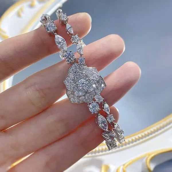 New S925 Silver Full Diamond Inlay Camellia Flower Bracelet, Elegant Luxury Jewelry for Women, Ideal Gift for Special Occasions Great Shopping 4You