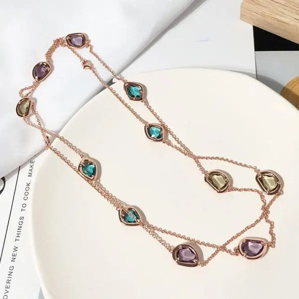 Fashion Long Necklace with Faceted Irregular Color Stones Italian Style Jewelry Electroplated Brushed Copper in Gold Silver Rose Gold Color Options Great Shopping 4You