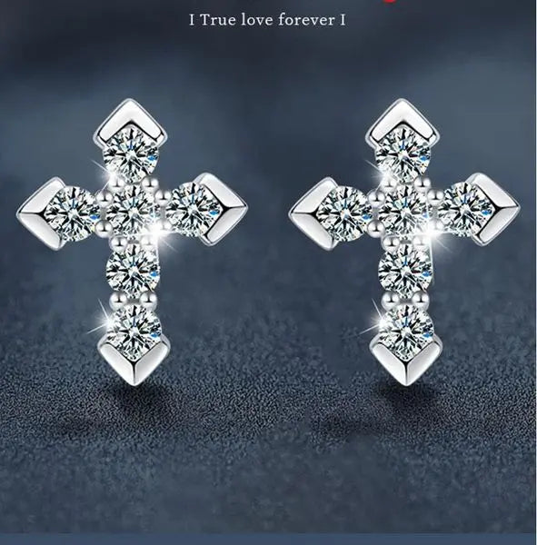 Silver Cross Stud Earrings with Moissanite 925 Sterling Silver Hypoallergenic 2024 New Trendy Elegant Earrings Fashion Accessories Birthday Gifts Great Shopping 4You