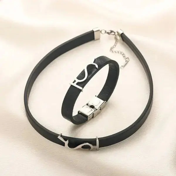 Designer Bracelets Necklace Set Luxury Stainless steel Leather Material Letter Bracelets with Gold Silver Plating High Quality Jewelry Sets Christmas Gift Great Shopping 4You