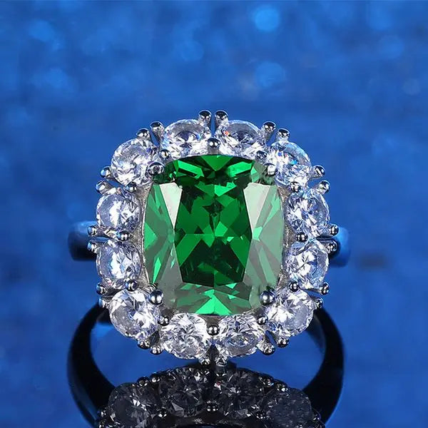 Vintage Emerald Cut Green Halo Ring for Women, 925 Sterling Silver Simulated Diamond Statement Jewelry for Party or Engagement Gift Great Shopping 4You