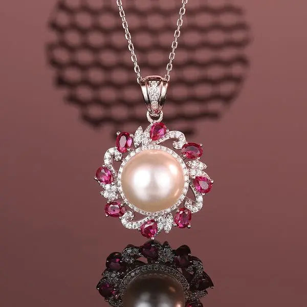 925 Sterling Silver Pearl Pendant Necklace, Women's Creative Design with Full Diamond and Ruby Accents, Elegant Jewelry for Parties, Perfect Gift for Best Friends. Great Shopping 4You