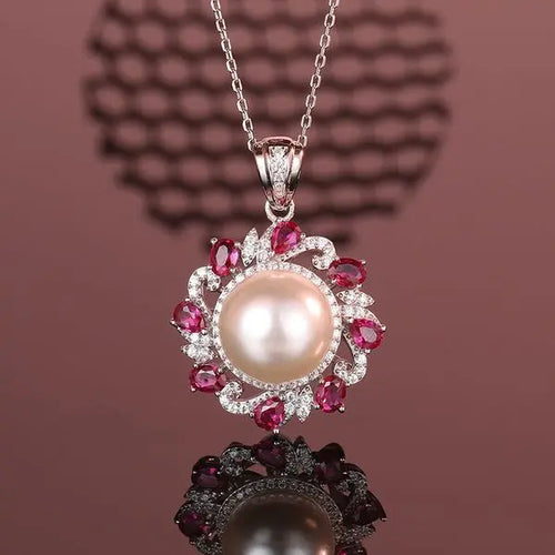 925 Sterling Silver Pearl Pendant Necklace, Women's Creative Design with Full Diamond and Ruby Accents, Elegant Jewelry for Parties, Perfect Gift for Best Friends. Great Shopping 4You