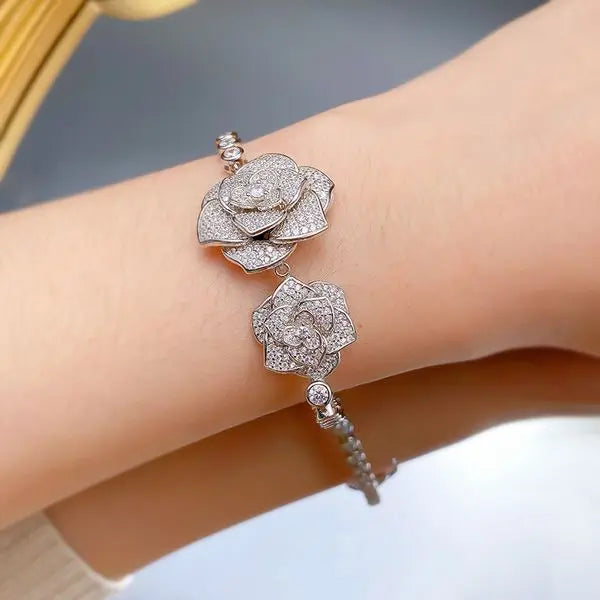 S925 Sterling Silver Full Diamond Camellia Rose Bracelet, Fashion Elegant Floral Jewelry with Sparkling Design for Women Great Shopping 4You