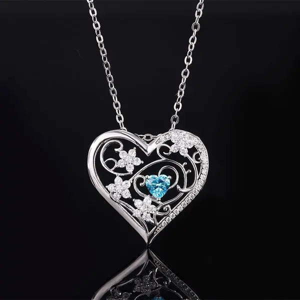 New S925 Silver Faux Aquamarine Heart-Shaped Main Stone Pendant Necklace, Hollow Design, Elegant and Fashionable, Suitable for Any Occasion Great Shopping 4You