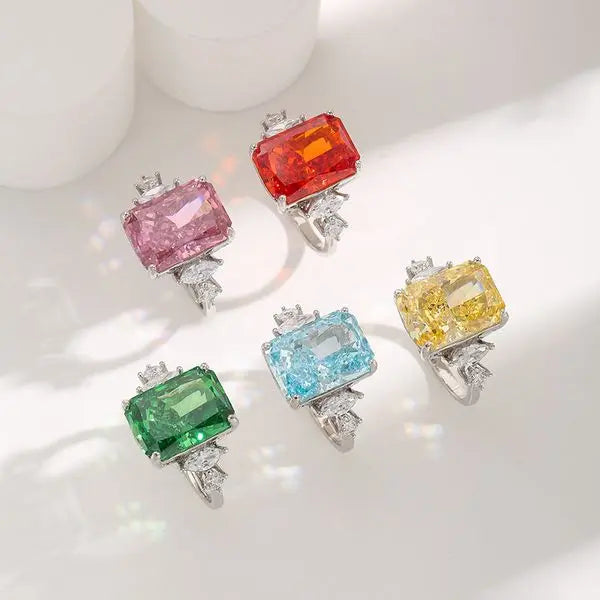 Colorful Rectangular Gemstone Ring with Five-Color Diamond Inlays, Stylish Luxury Women's Ring, Perfect for Birthdays and Anniversaries Great Shopping 4You