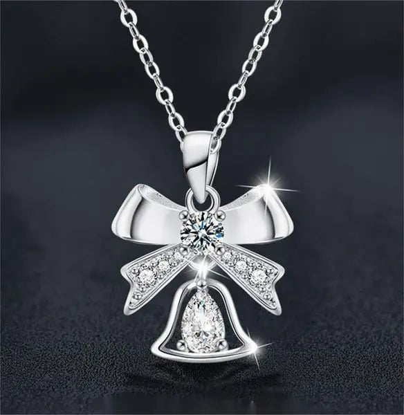 Elegant Bow and Bell Pendant Necklace in S925 Silver with Moissanite - Festive Holiday Charm Jewelry Gift for Women Great Shopping 4You