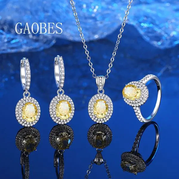 Sparkling 925 Sterling Silver Ice Flower Cut Yellow Diamond Jewelry Set with Necklace, Earrings, and Ring for Women Great Shopping 4You
