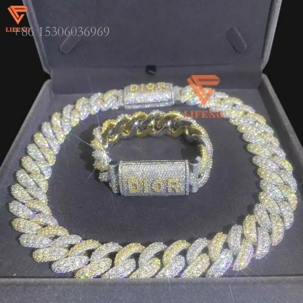 Lifeng Two Tone Design Miami Link Set Jewelry Men Hiphop Moissanite Sterling Sier Cuban Chain Necklace Great Shopping 4You