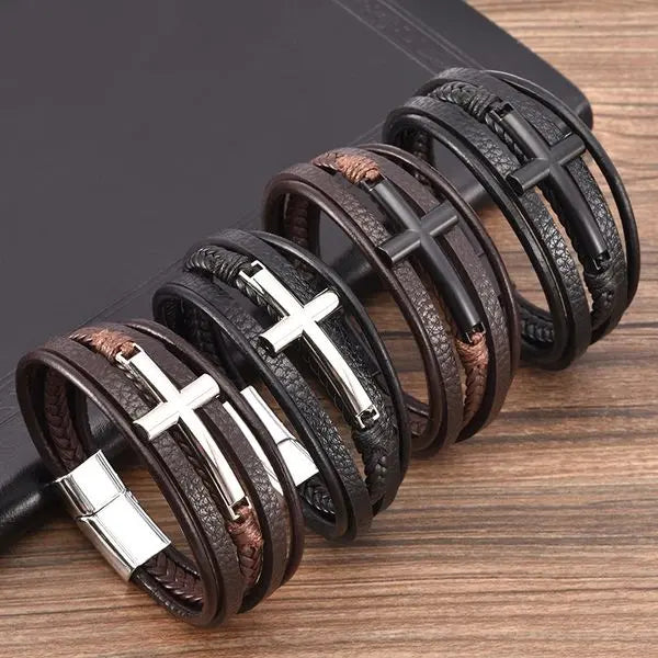New Cross Leather Bracelet Men's Multi layer Leather Rope Weaving Bracelet Men's Alloy Bracelet Great Shopping 4You