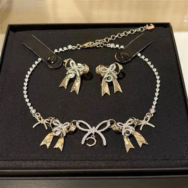 Women's Bow Pendant Necklace 18K Gold Plated Diamond Earrings Necklace Designer Classic Necklace Luxury Earrings Necklace Set High Quality Gift Great Shopping 4You