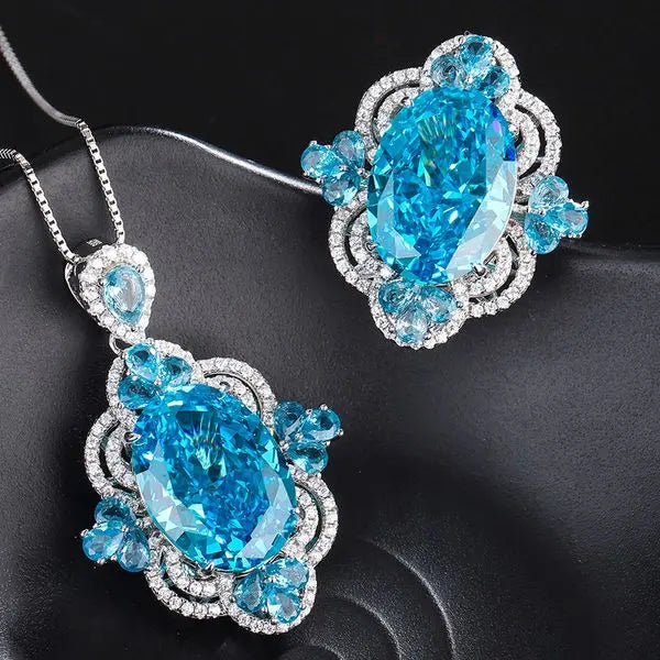 Chic Bridal Ensemble Featuring Exquisite S925 Rhodium Plated Jewels Encrusted with Precious Diamonds and Vivid Blue Aquamarines Great Shopping 4You