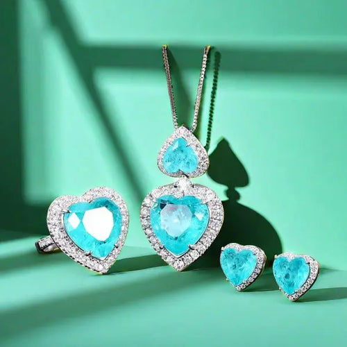 15*15 Love heart Jewelry Set S925 sterling Silver Paraiba blue Ring Pendant Necklace Earrings Antique Classic Precious Jewelry Set gift for girlfriend sister mom Great Shopping 4You