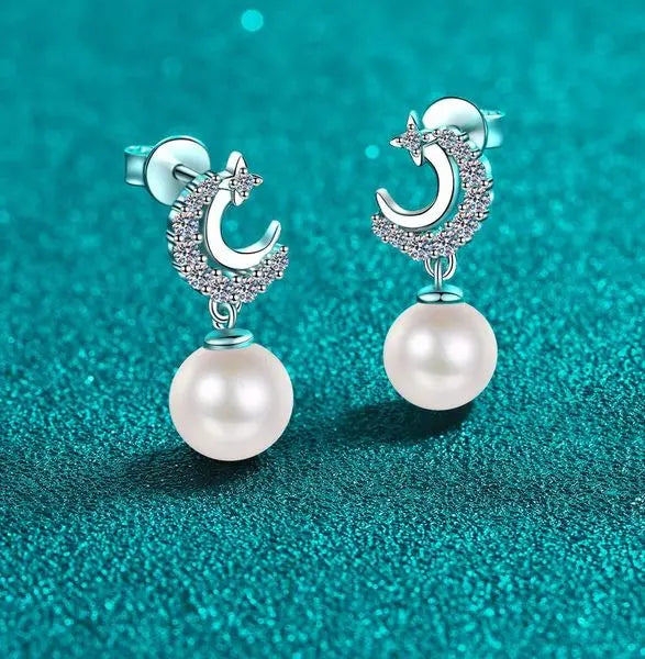Moissanite S925 Silver Pearl Stud Earrings for Women, Fresh and Cute Star Moon Design, Sweet Fashionable Earrings with Elegant Charm Great Shopping 4You