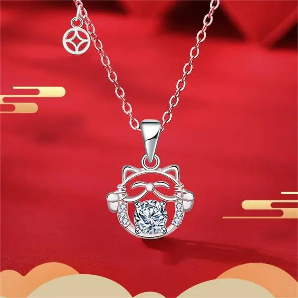 Chinese Style Necklace 925 Sterling Silver DIY Lucky Cat Moissanite Pendant Great Shopping 4You