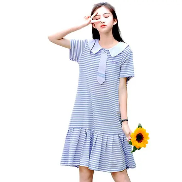designer dress new summer short sleeved elastic cotton stripe V-neck with straight cut ruffles Great Shopping 4You