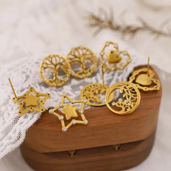 High-End PVD 18K Gold Plated Stainless Steel Hollow Tree of Life Earrings with Crystal Accents, Geometric Heart and Star Design for Women Great Shopping 4You