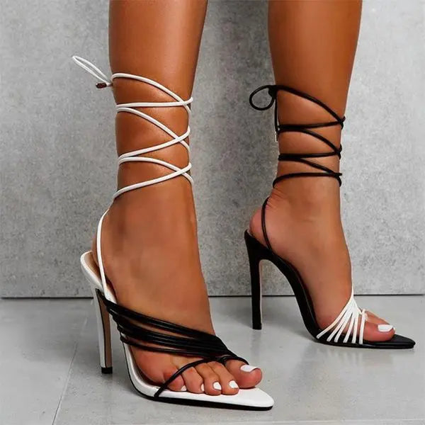Women Black White Sandals 2021 Summer Woman Gladiator High Heels Female Ankle Strap Ladies Sexy Pointed Toe Slides Womens Shoes Great Shopping 4You